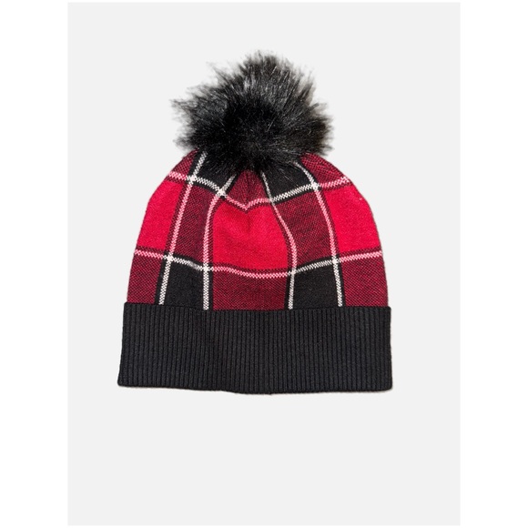 TAHARI- NWOT Plaid Pom-Pom Beanie - Red and Black UNISEX - Picture 1 of 9